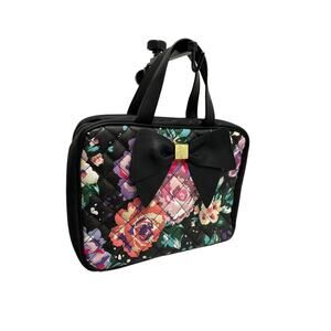 BETSEY JOHNSON Black PINK Floral BIG BOW Accent Makeup Travel Toiletry Bag M Med